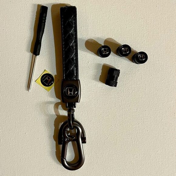 Honda fob Keychain in black leather & valve Stem Caps in black NWT - Picture 1 of 6